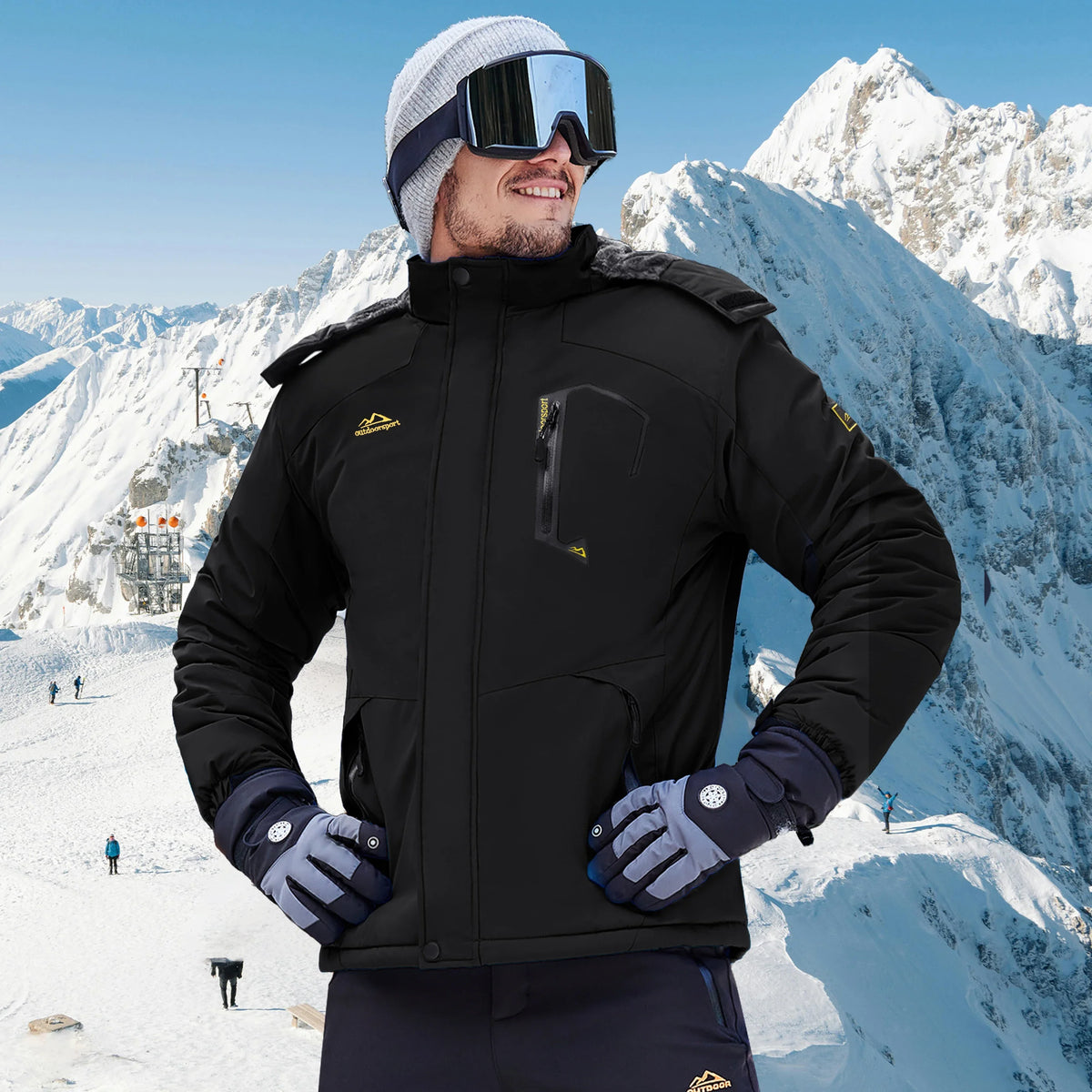 Herren Winterjacke Outdoor Skijacke mit Kapuze und Taschen Orange Grau
