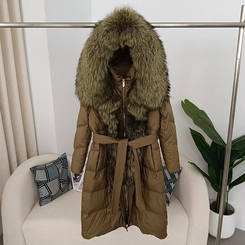 Damen Daunenmantel mit Pelzkapuze und Bindegürtel, gepolstert, lange Winterjacke