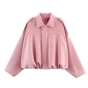 Women's cropped short transition jacket with lapel collar and long sleeves