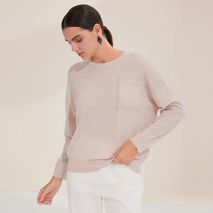Women's Crew Neck Long-Sleeve Top with Decorative Pocket – White