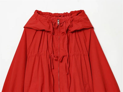 Short women's jacket with hood and drawstring, red