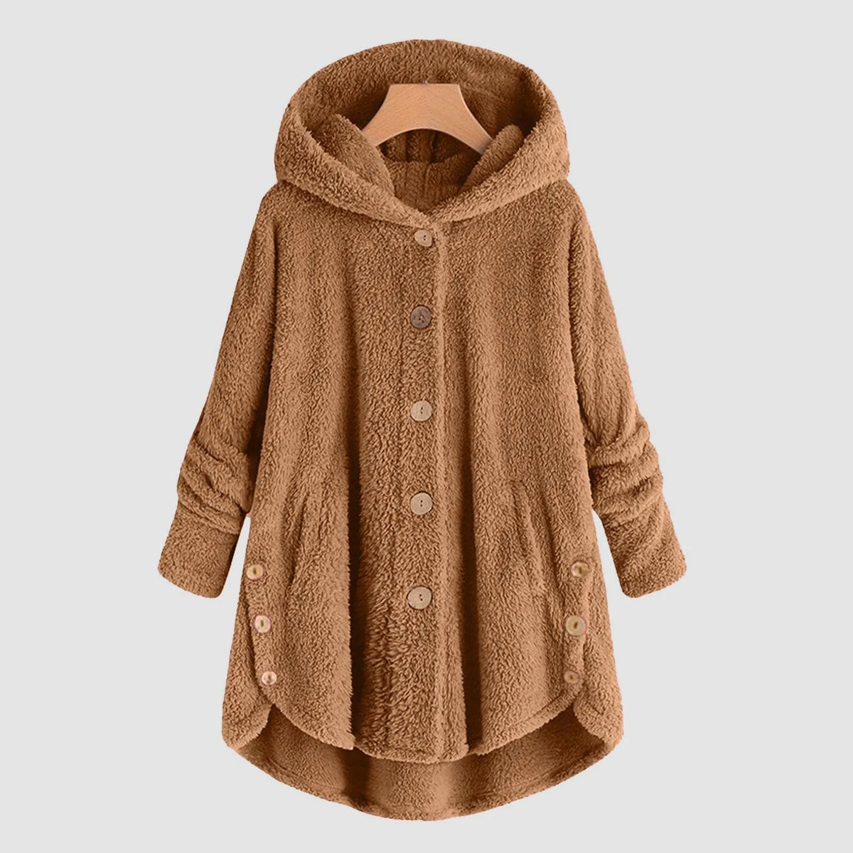 Damen Fleecejacke mit Kapuze Teddy-Optik Langarm Knopfleiste unregelmäßigem Saum