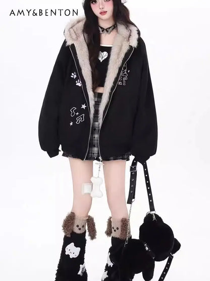 Women's winter jacket with cat ears, hood and fur trim, relaxed fit