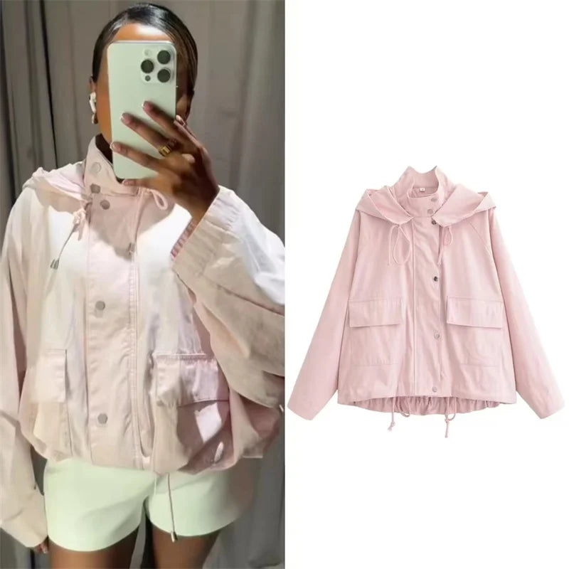 Women's Short Transitional Jacket with Hood and Pockets, Light Pink