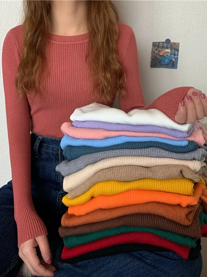 Women's ribbed long-sleeve sweater, crew neck, top