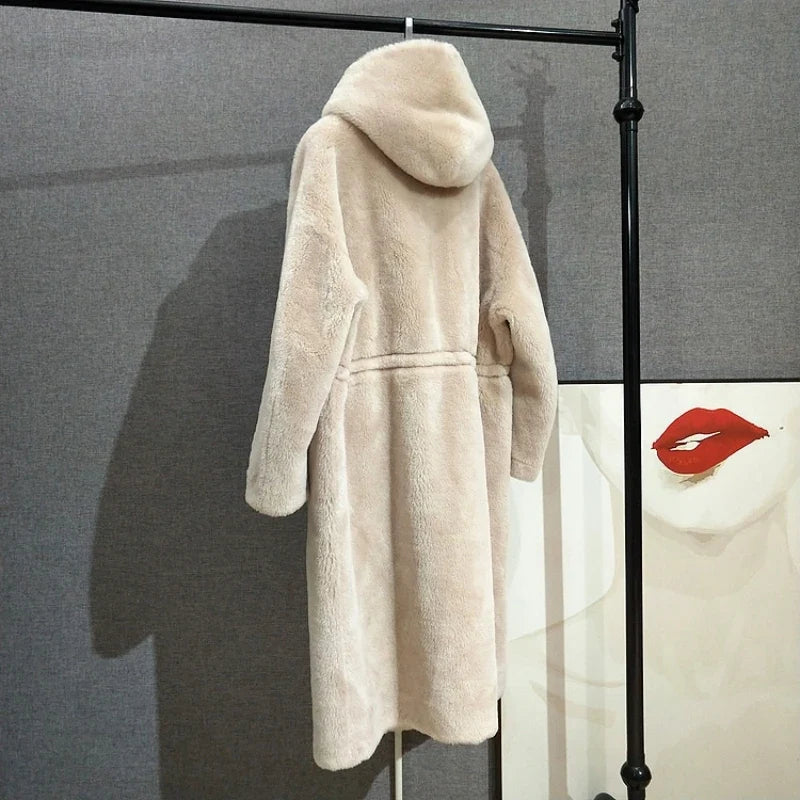Gefütterter Kapuzenmantel Lang Flauschig mit Tunnelzug Beige