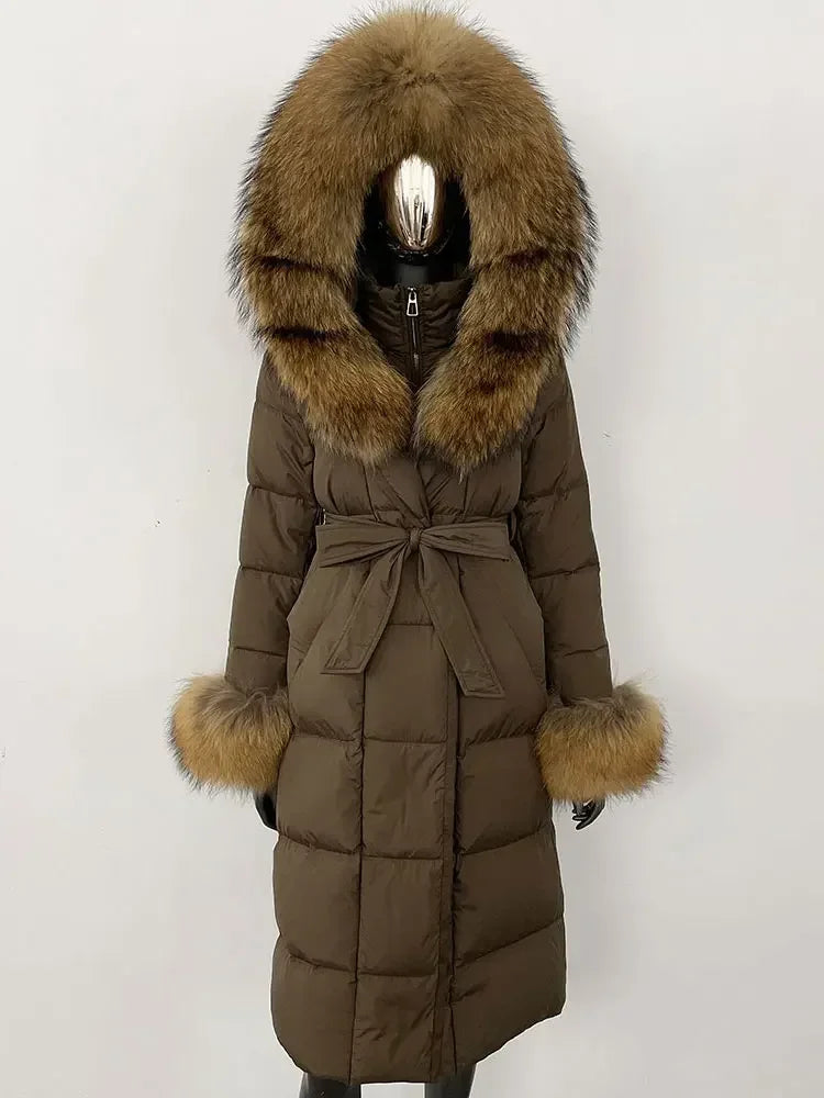 Women's quilted winter down coat with faux fur trim and belt