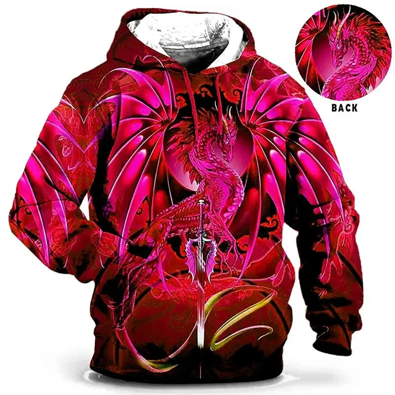 Dragon-print hoodie, fantasy design, hooded pullover for men