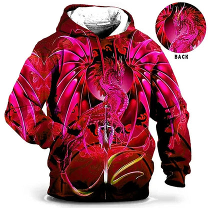 Dragon-print hoodie, fantasy design, hooded pullover for men