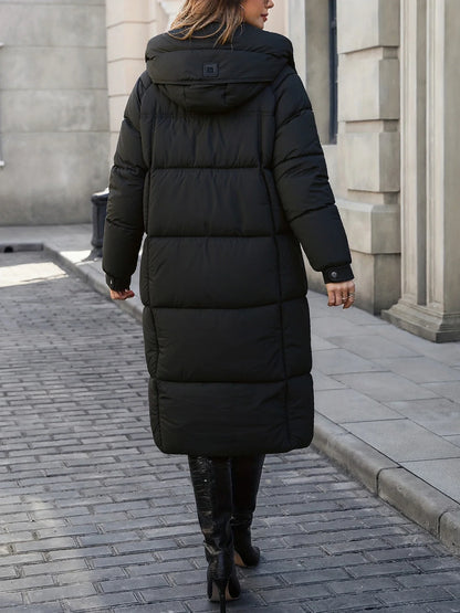 Long quilted coat with hood for women, black