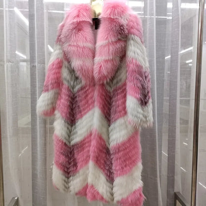 Long women's faux-fur coat with chevron pattern, warm winter coat
