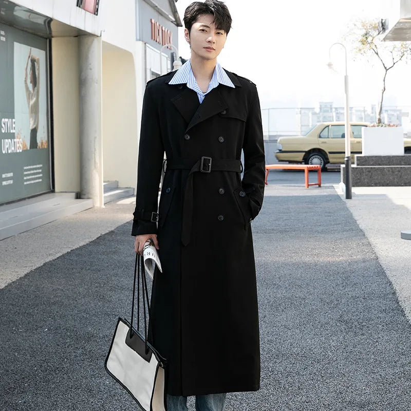 Men's Long Double-Breasted Trench Coat with Belt