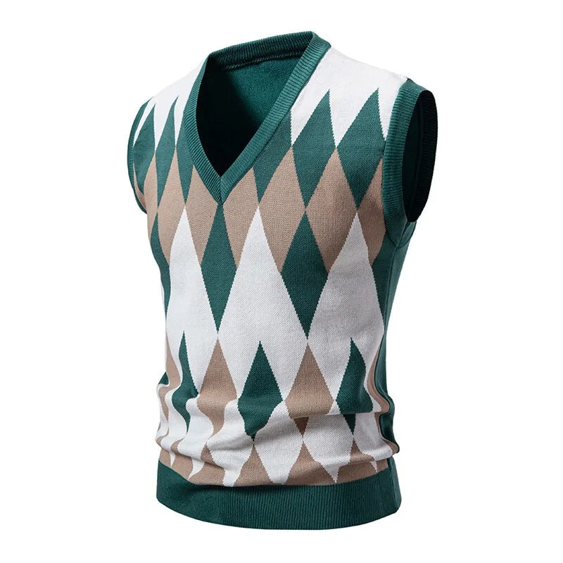 Men's Argyle knitted vest V-neck sleeveless pullover vest