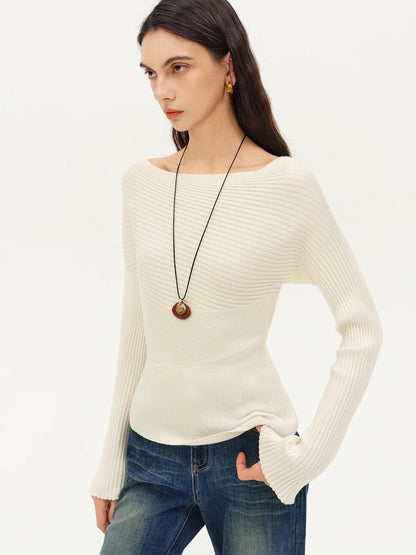 Women's Ribbed-Knit Long-Sleeve Boat-Neck Sweater Beige
