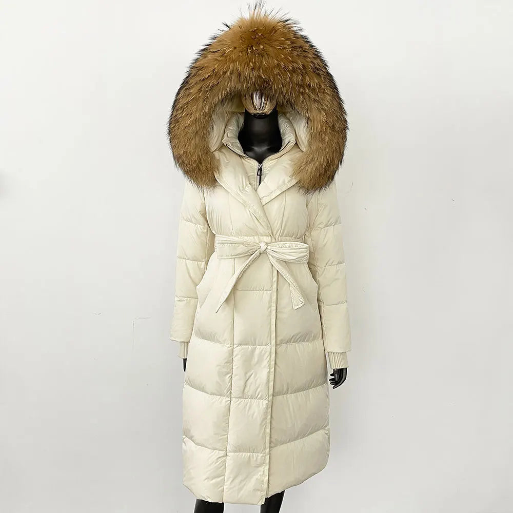 Women's quilted winter down coat with faux fur trim and belt