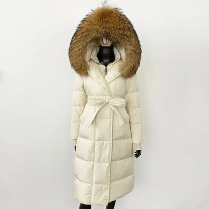 Women's quilted winter down coat with faux fur trim and belt
