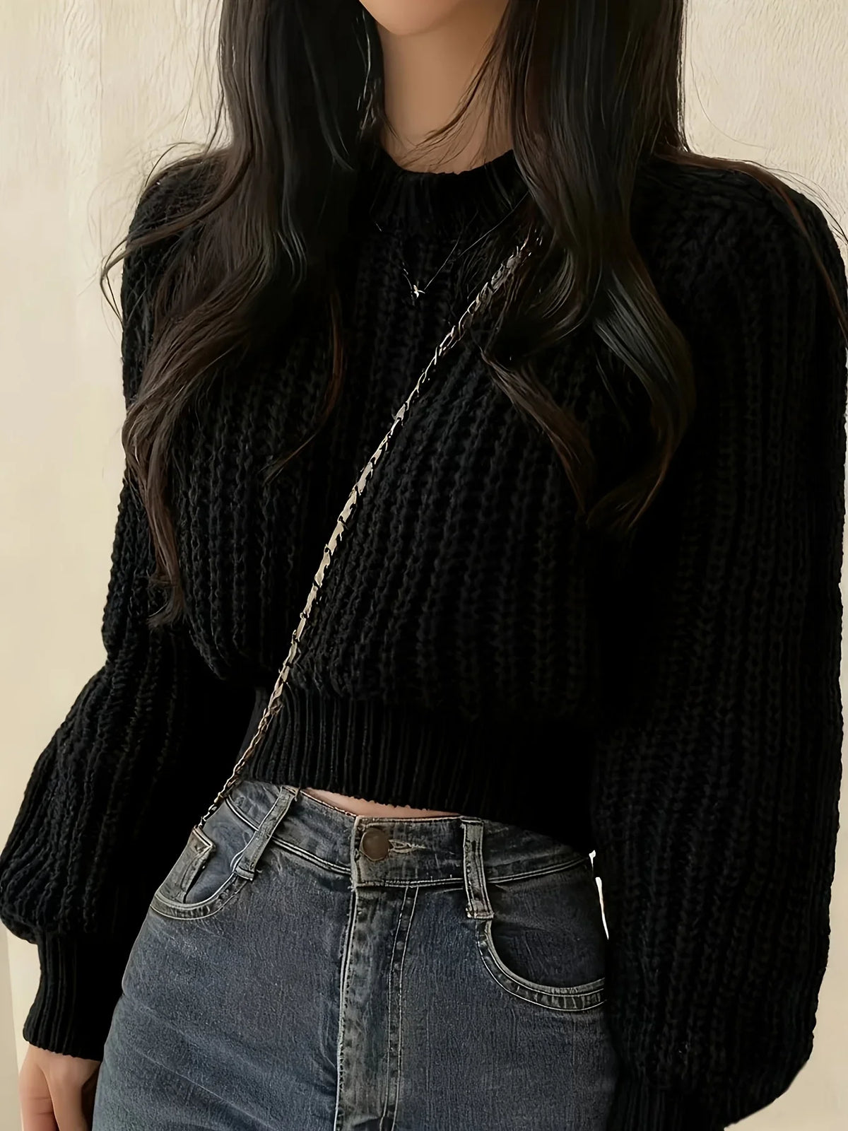 Women's Chunky-Knit Cropped Crew-Neck Long-Sleeve Sweater