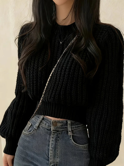 Women's Chunky-Knit Cropped Crew-Neck Long-Sleeve Sweater