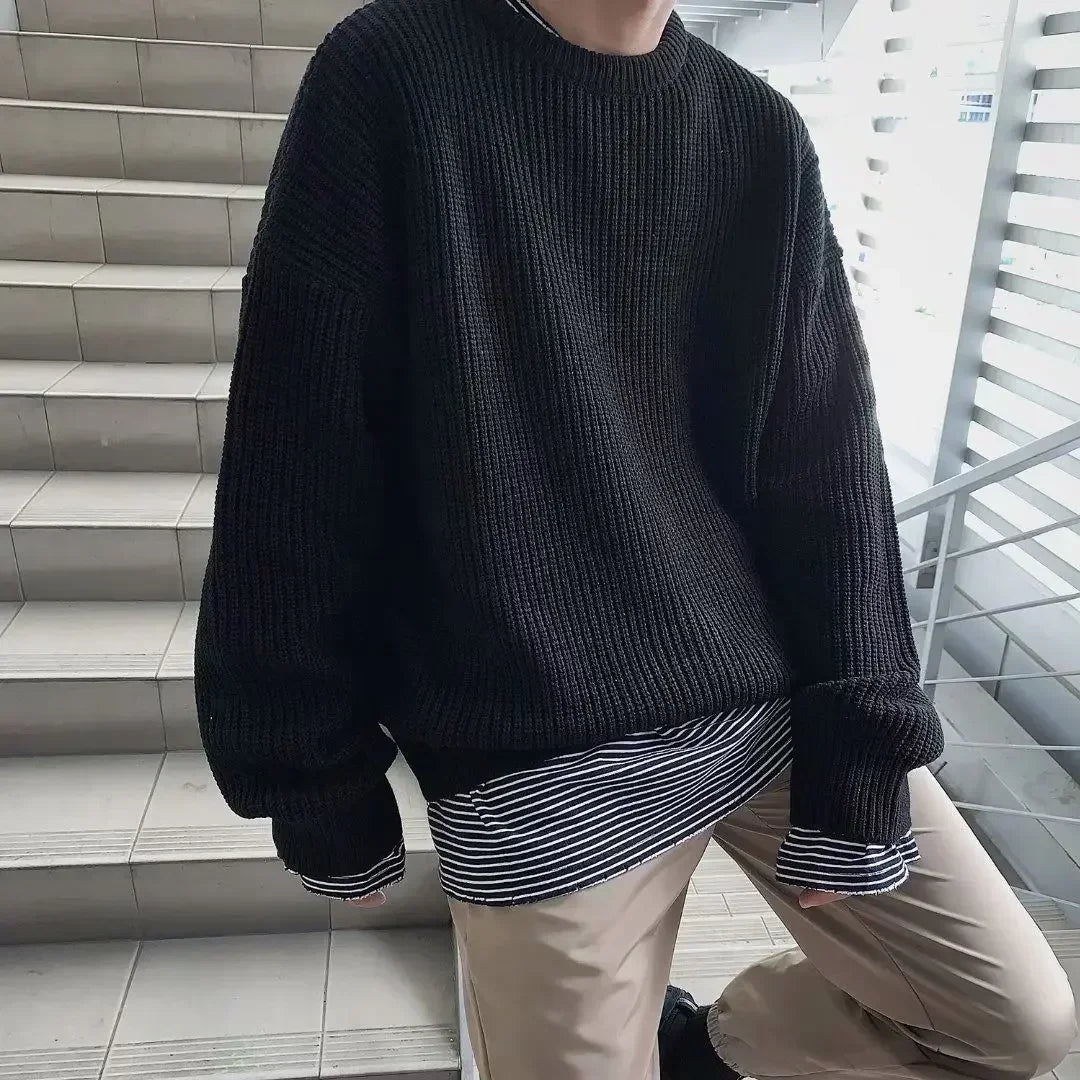 Unisex chunky-knit oversized crew-neck long-sleeve sweater