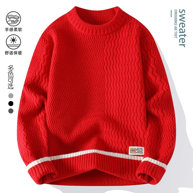 Men's turtleneck knitted sweater with wave pattern, red