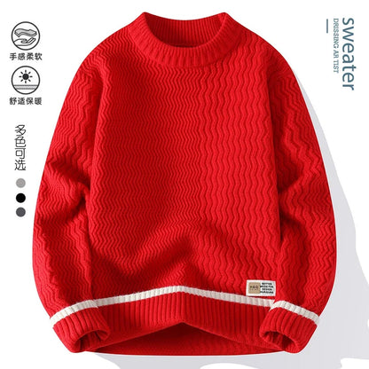 Men's turtleneck knitted sweater with wave pattern, red