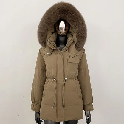 Women's winter parka jacket with fur hood and drawstring waist