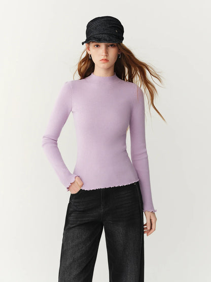 Women's ribbed long-sleeve top with stand collar and ruffled hem