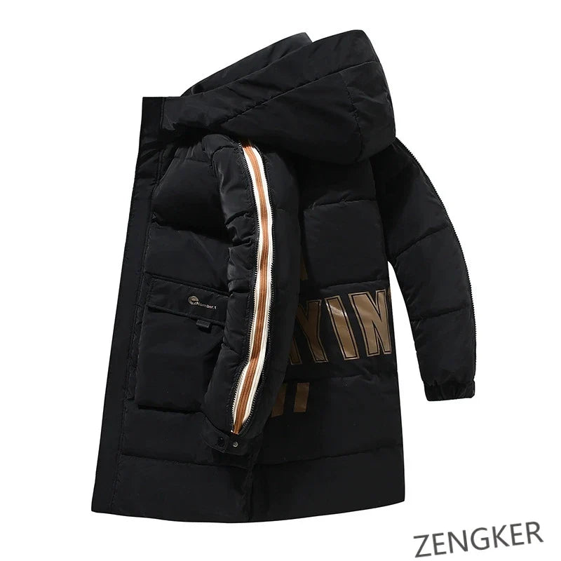 Long men's winter padded coat with hood in black