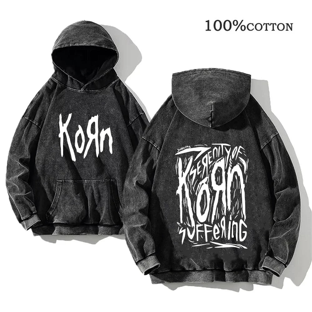 Hoodie Schwarz Grau Washed Oversize mit Band-Print Vorn & Hinten