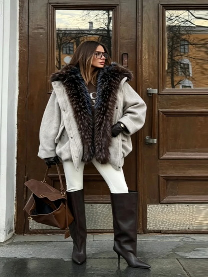 Damen Kurzmantel mit Kunstpelzkragen Reißverschluss Jacke Wintermantel Warm Grau Beige Braun