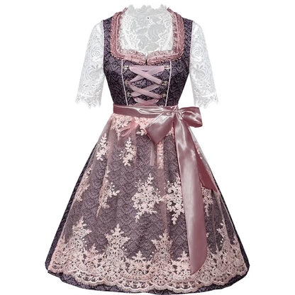Dirndl Damen Grau-Rosa Spitze Trachtenkleid 3-teilig
