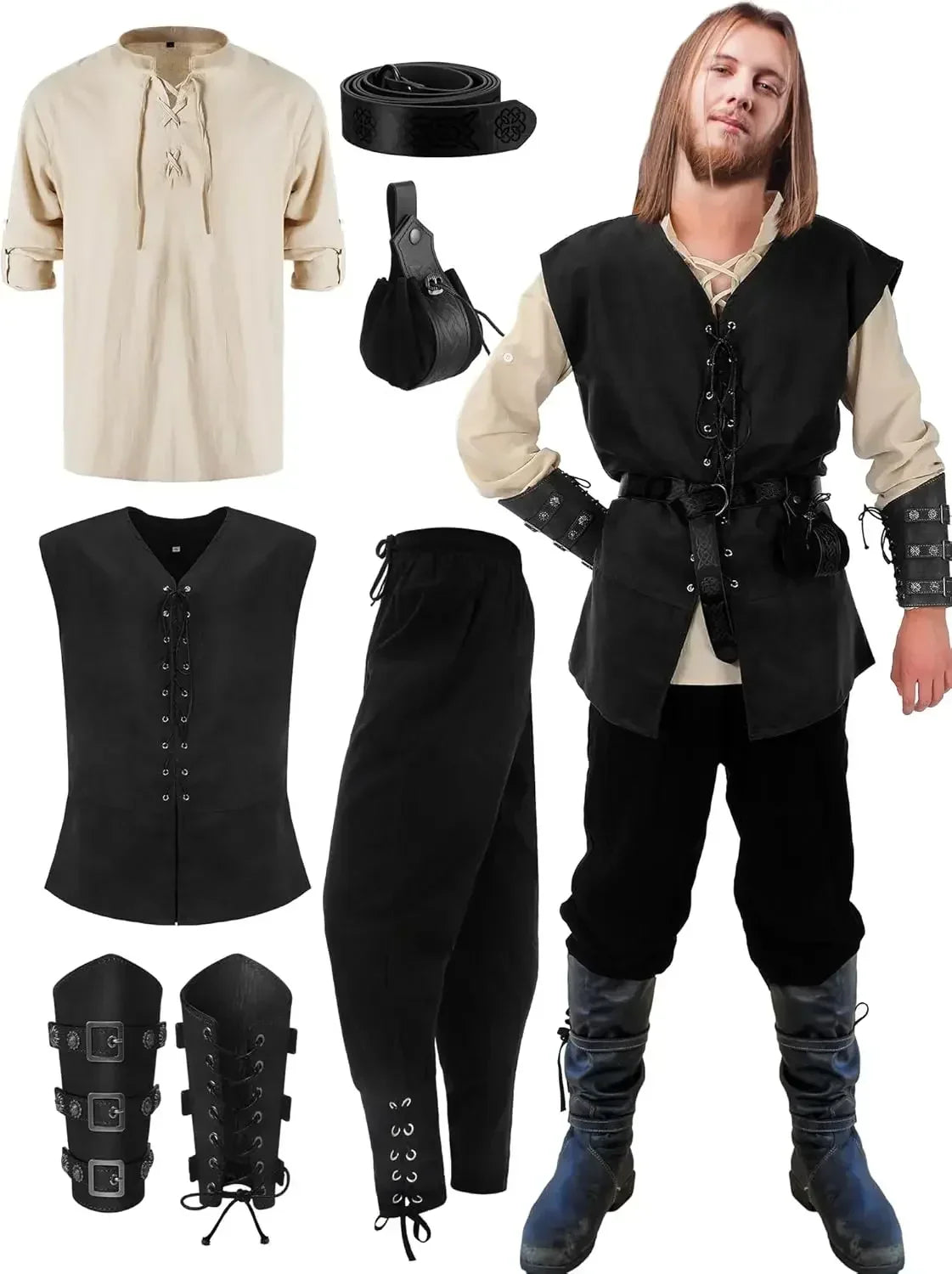 Mittelalterliches Herrenkostüm: Hemd, Weste, Hose, Gürtel, Armstulpen
