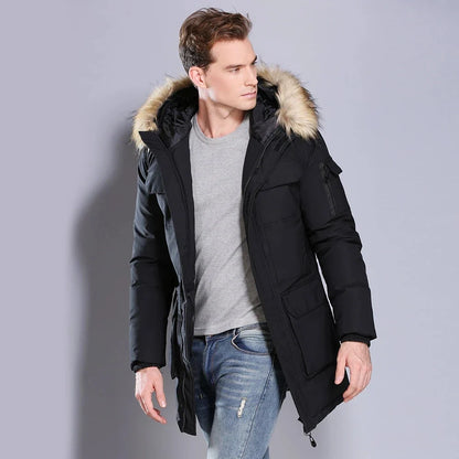 Herren Winterparka Schwarz mit Kapuze und Fellimitatbesatz