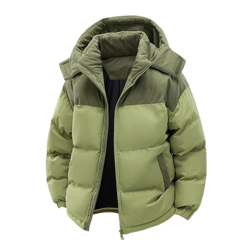 Men's Padded Winter Jacket with Hood, Corduroy Collar and Color-Block Design