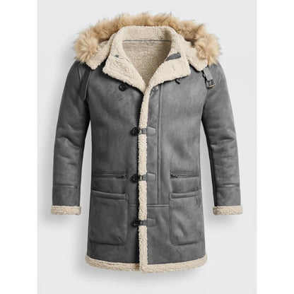Men's winter parka with hood, teddy lining and toggle closure, gray