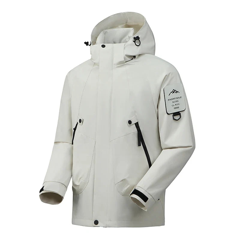 Unisex outdoor jacket with hood and zippered pockets, windproof and water-repellent