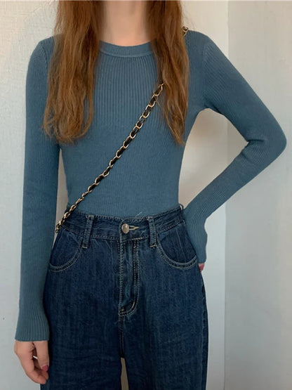 Women's ribbed long-sleeve sweater, crew neck, top