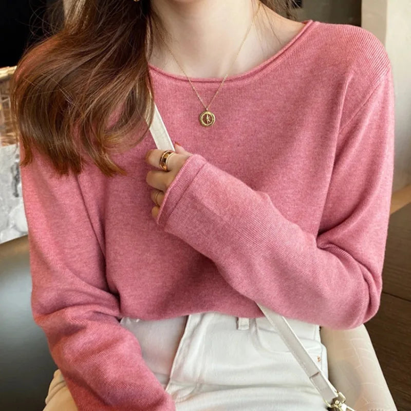 Damen Langarm Oberteil Rundhals Pullover Mehrfarbig
