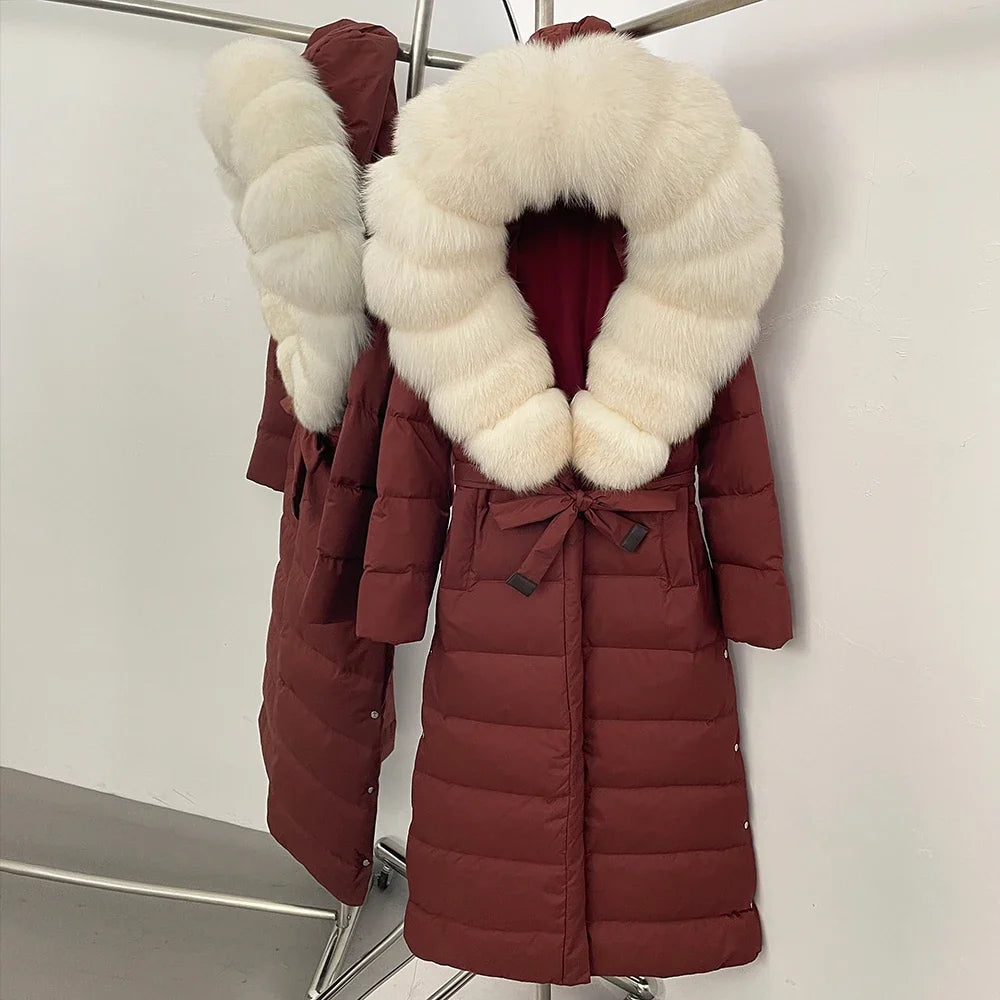 Damen Winter Steppmantel Lang mit Kunstfellkragen Bindegürtel