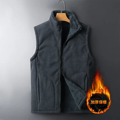 Unisex fleece vest with stand-up collar and plush lining for men and women