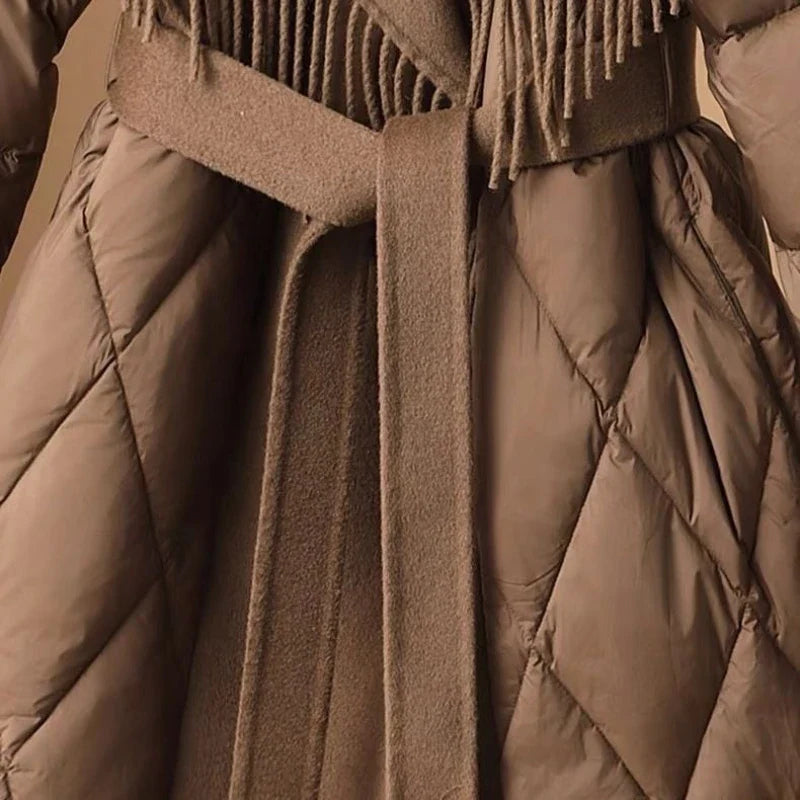 Women's Winter Quilted Coat with Fringes and Belt – Fashionable Korean Style, Elegant and Comfortable