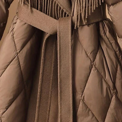 Women's Winter Quilted Coat with Fringes and Belt – Fashionable Korean Style, Elegant and Comfortable