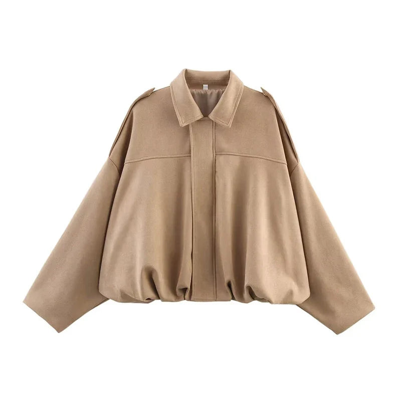 Women's short bomber jacket, oversized, green with collar
