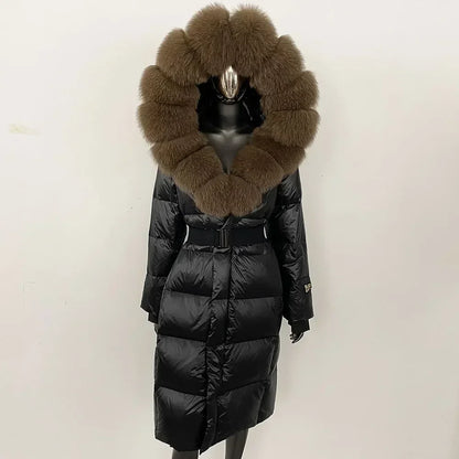 Women's long winter quilted coat with faux-fur hood and belt