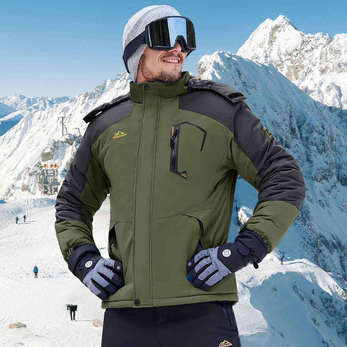 Herren Winterjacke Outdoor Skijacke mit Kapuze und Taschen Orange Grau