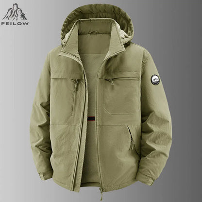 Herren Outdoor Jacke mit Kapuze & Reißverschluss, gefüttert, Beige