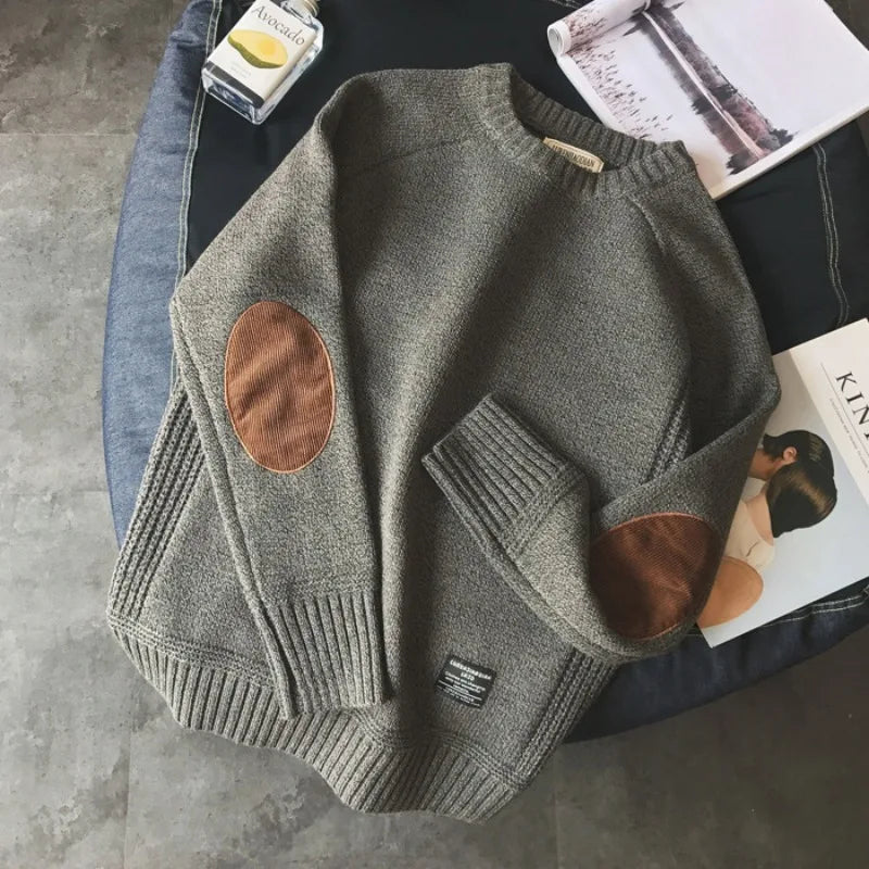 Herren Strickpullover Rundhals mit Ellbogen-Patches in Grau