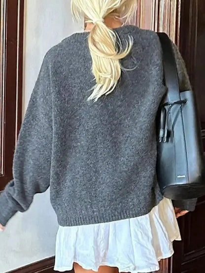 Women's chunky-knit sweater, dark gray, oversized, crew neck
