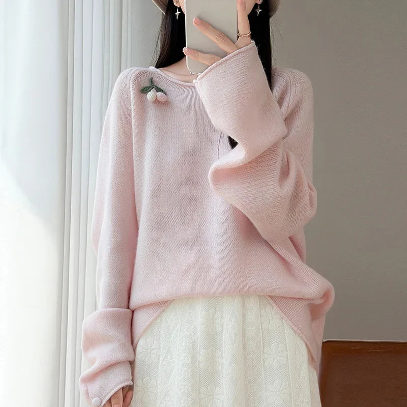 Women's Crew-Neck Long-Sleeve Sweater with Fruit Appliqué and Soft Knit