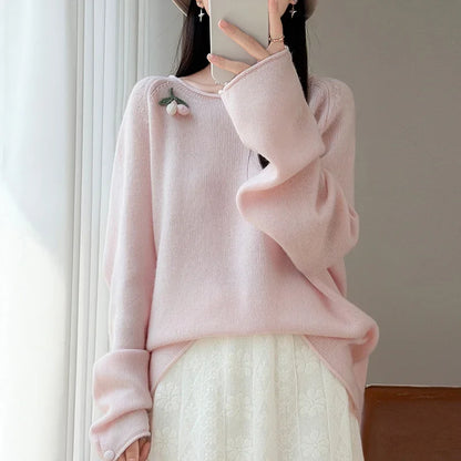 Women's Crew-Neck Long-Sleeve Sweater with Fruit Appliqué and Soft Knit